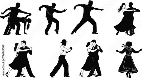 Silhouettes of dancing couples performing elegant ballroom, tango, and traditional dance poses showing movement, passion, romance, rhythm, and artistic expression.