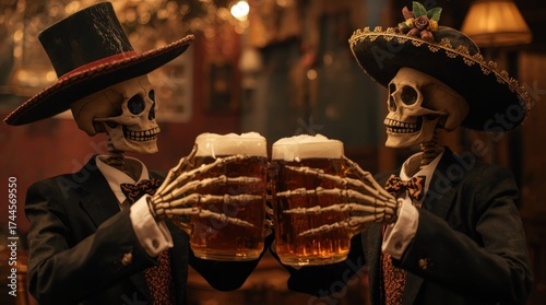 Two skeletons in festive attire clinking beer mugs in a vibrant, lively bar setting