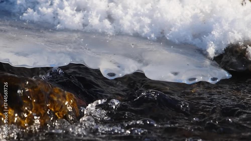 close up shot of a cold, clear river in the South Urals region of Russia. Water rushes over dark stones and rocks, with a layer of ice and snow visible on the riverbank. The scene captures the raw bea