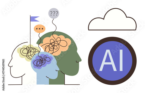 Silhouettes of heads with tangled thoughts and speech bubbles, AI in circle under a cloud. Ideal for technology, AI, cognition, teamwork, education, problem-solving strategy. Simple flat metaphor