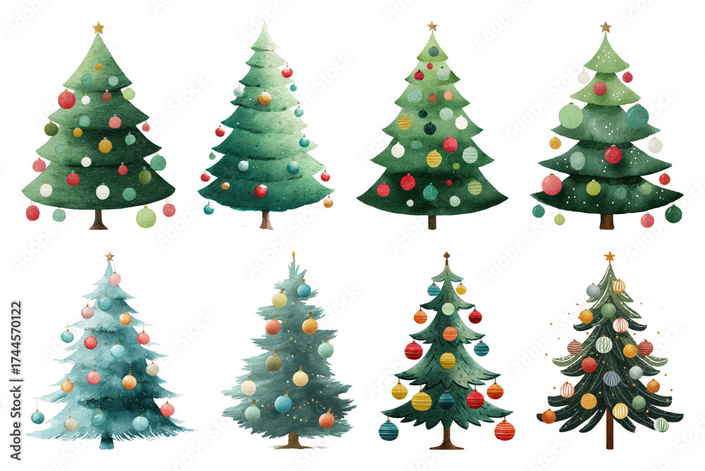 Obraz premium PNG Colorful festive Christmas tree illustrations, element set on transparent background