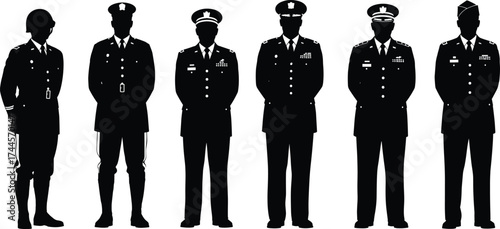 Silhouettes of military officers in formal uniform standing in line, army discipline concept, defense service illustration showing honor and respect.
