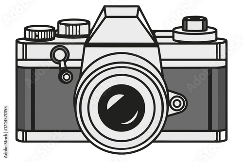Vector illustration of a classic single-lens reflex (SLR) camera showcasing its detailed lens, designs, symbolizing vintage photography, precision, and creative artistry