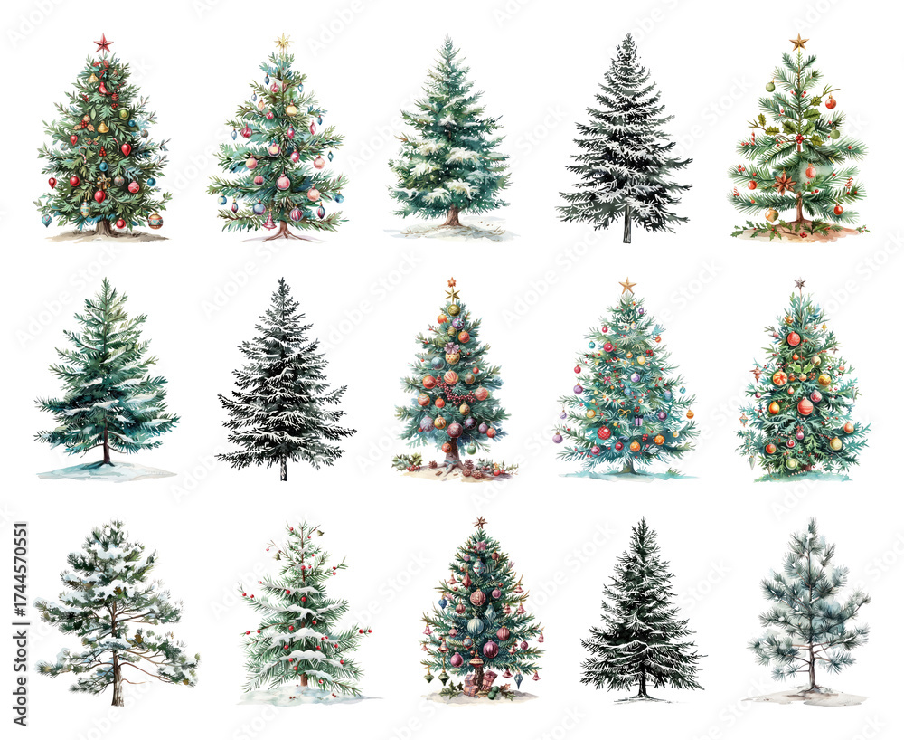 Obraz premium PNG Festive evergreen trees with decorations, element set on transparent background