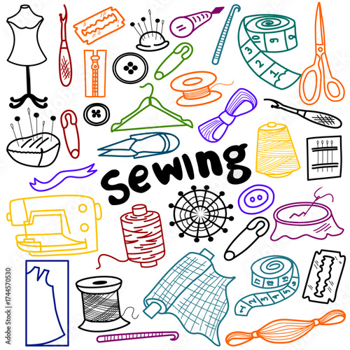 Cartoon tailor's supplies, sewing equipment for handicrafts and textiles. Threads, sewing machines, Sewing kit. A collection of sewing tools. Doodle
