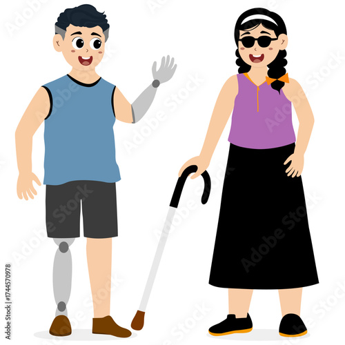 International Day of Persons with Disabilities. Cheerful, smiling figures with physical disabilities: wheelchair-bound, blind, and with prosthetic arms and legs. Cheerful, positive girls and boys.