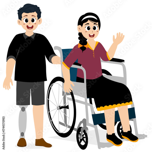 International Day of Persons with Disabilities. Cheerful, smiling figures with physical disabilities: wheelchair-bound, blind, and with prosthetic arms and legs. Cheerful, positive girls and boys.
