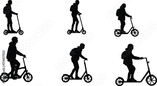 Silhouettes of people riding electric scooters, modern transportation, eco-friendly mobility, urban commuting, lifestyle, travel and sustainable city transport concept.