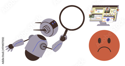 Foto Robot holds magnifying glass examining computer screen with online profile data, and beside it, a sad face icon
