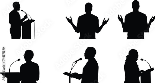 Silhouettes of people speaking at podiums, presenting speeches, communication, leadership, motivation, public debate, conference and professional presentation concept.