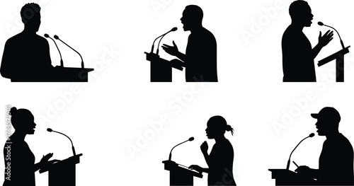 Silhouettes of people speaking at podiums, public communication, leadership, motivation, conference presentation, debate, and professional speech concept illustration.
