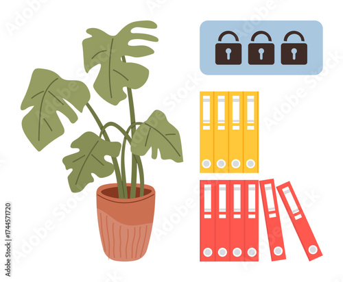 Potted monstera plant beside colorful office binders and padlock icons symbolize organization, data security, and office environment. Ideal for business, productivity, privacy, orderliness