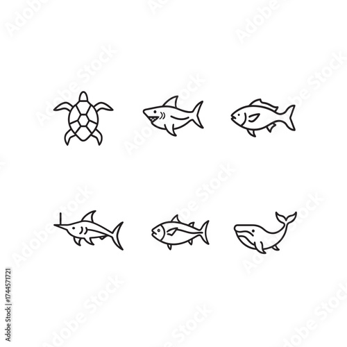 Simple line art illustrations of six different creatures