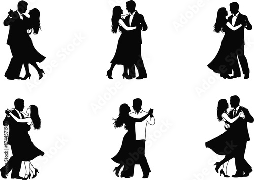 Silhouettes of romantic dance couples performing elegant ballroom poses, graceful motion illustration showing love, passion, rhythm, and artistic choreography style.