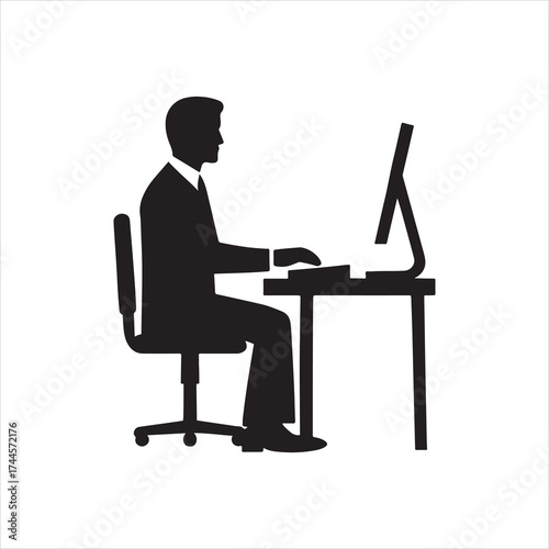 Silhouette of Businessman Working at Computer Office Setting Depicting Productivity and Focus Business and Corporate Environment Illustration Vector Graphic Ideal for Business Concepts
