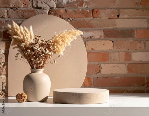 Neutral Toned Arrangement Still Life Beige Vase and Dried Pampas Grass with Circular Backdrop and Brick Wall