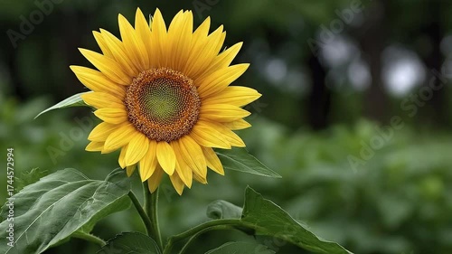 Vivid closeup of a sunflower in bloom showcasing its bright yellow petals and textured center set against a soft green backdrop