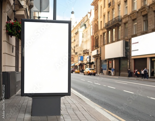 Blank Billboard Displaying Advertisement in City Street with Buildings and Traffic