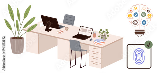 Dual-desk office setup with chairs, laptops, and potted plants alongside gear-filled lightbulb and fingerprint for tech innovation. Ideal for productivity, collaboration, creativity, tech, digital