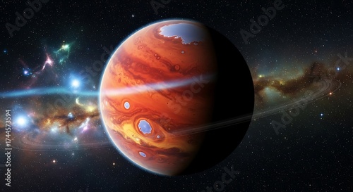 Abstract cosmic planet with rings and nebula in outer space illustration.
