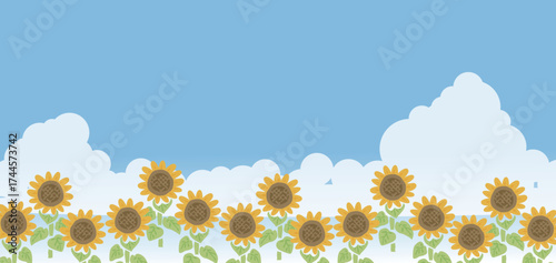 青空と雲のあるひまわり畑の風景イラスト