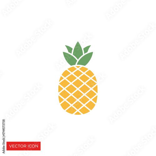 A simple, stylized illustration of a ripe pineapple with green leaves, isolated on white.