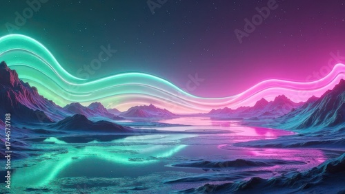 Vibrant neon waves illuminate a serene mountain landscape at dusk, reflecting in calm waters