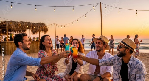 Four adults toast colorful cocktails on a beach at sunset with a thatched bar and string lights illuminating the background