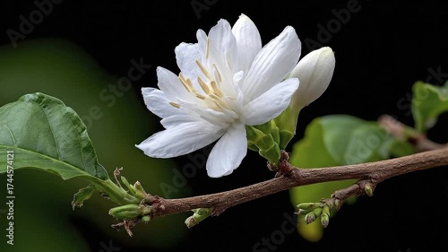 White flower in full bloom on a brown branch set against a dark background with green leaves