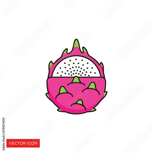 A vibrant illustration of a halved dragon fruit, showcasing its pink skin and white interior.