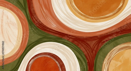 Abstract earth tone circles illustration with boho style background, retro design, and wallpaper.