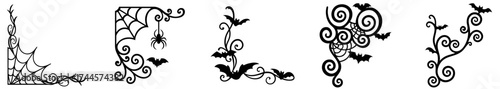 Halloween corner ornament set with spider webs, bats and swirling vines — black decorative corner designs for halloween frames, invitations, windows and posters