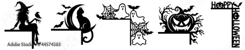 Halloween corner silhouettes set with witch on broom, black cat on crescent moon, flying bats, ghost with pumpkin, and jack-o'-lantern among tree branches with “Happy Halloween” text