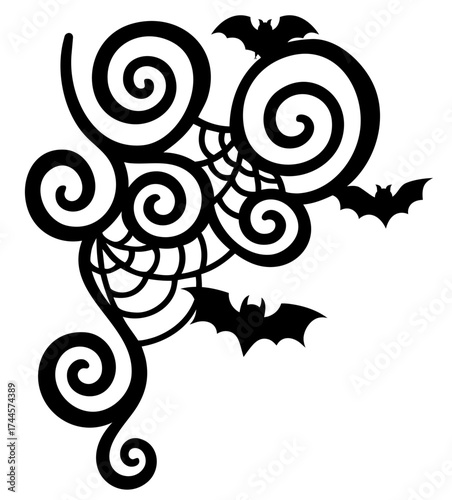 Black corner ornament with spiral swirls, bats and spider web, Halloween corner design with creepy curls and gothic pattern