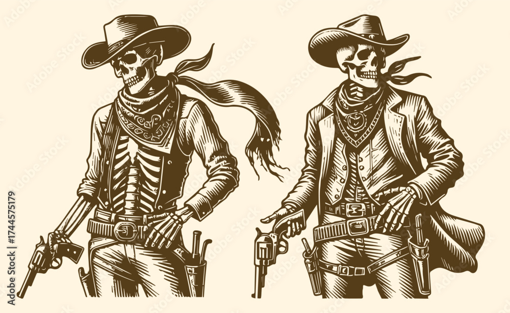 Obraz premium Skeleton Cowboy Vector Design set