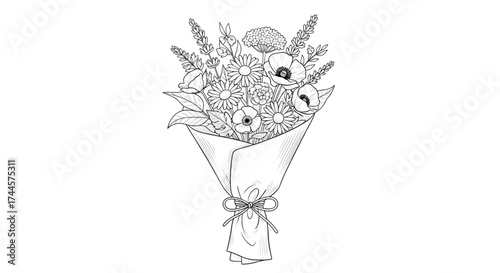 Wildflower bouquet in kraft paper wrap delicate black and white floral line art illustration