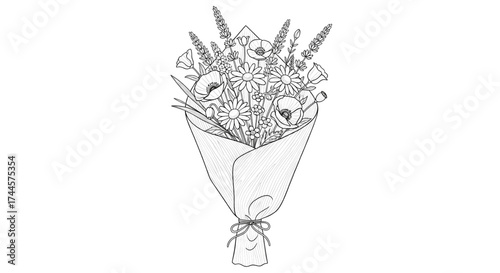 Wildflower bouquet in kraft paper wrap delicate black and white floral line art illustration