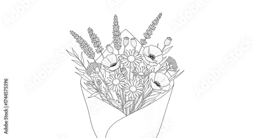 Wildflower bouquet in kraft paper wrap delicate black and white floral line art illustration