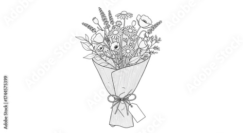 Wildflower bouquet in kraft paper wrap delicate black and white floral line art illustration