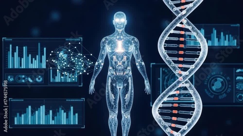 futuristic digital display shows glowing human body DNA helix and various data visualizations like bar charts and network nodes advanced biological and genetic analysis