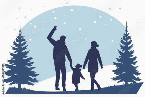 Vector silhouette illustration of a happy family of four standing in a snowy winter landscape with pine trees and falling snow. Perfect for Christmas and New Year holiday themes. Christmas silhouette.