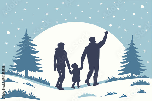 Vector silhouette illustration of a happy family of four standing in a snowy winter landscape with pine trees and falling snow. Perfect for Christmas and New Year holiday themes.