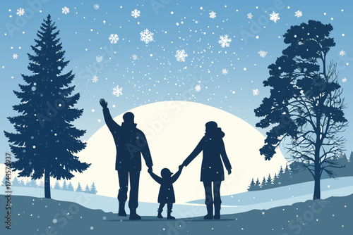 Vector silhouette illustration of a happy family of four standing in a snowy winter landscape with pine trees and falling snow. Perfect for Christmas and New Year holiday themes. Christmas silhouette.
