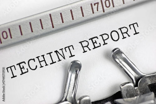 Technical intelligence (acronym TECHINT) report text large horizontal macro closeup, typewriter typed enemy weaponry analysis reporting document crucial technology intel information collection concept