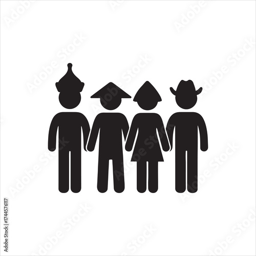 Global team diversity represented by stick figures wearing cultural hats celebrating international collaboration and cultural exchange highlighting unity and teamwork with diverse representation