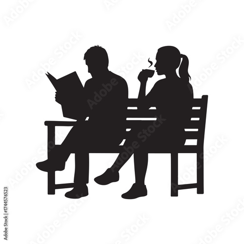 Silhouette of couple on bench enjoying a peaceful afternoon reading and drinking coffee in monochrome design portraying relaxation companionship and quiet leisure moments