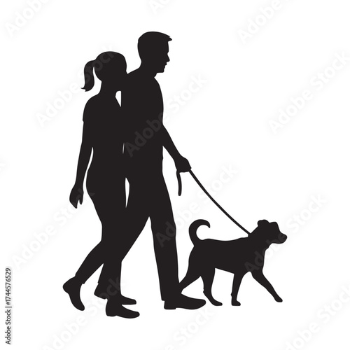 Silhouette of couple walking a dog vector illustration of a man and woman enjoying a stroll with their pet creating a sense of companionship and healthy lifestyle
