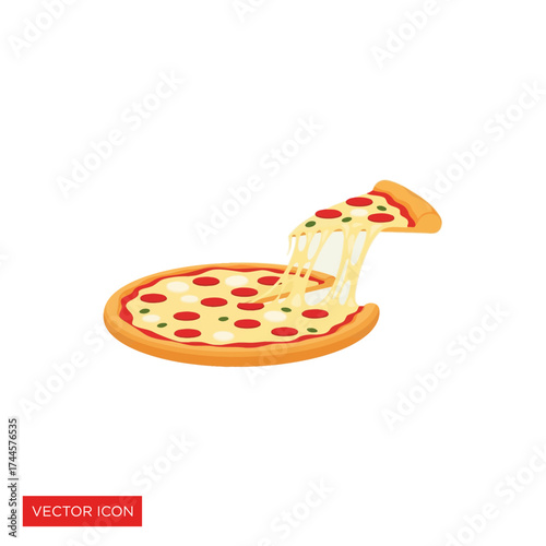 Cartoon illustration of a pizza with a slice being pulled away, showing melting cheese.