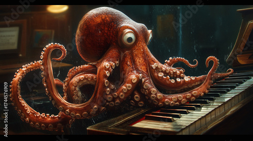 A giant octopus attempting to play the piano, using its many tentacles to press all the wrong keys, creating a symphony of humorous, chaotic notes