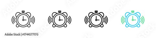 Alarm vector outline icon set with line weight and two color variation, ideal for UI, apps, reminder, notification, time management, productivity and business.